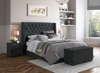 Deacon Velvet Upholstered 2 Drawer Bedside Table Grey Matching Bedside Chests Furniture Dreams