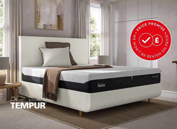 A TEMPUR bed frame with a TEMPUR mattress, set in a bedroom