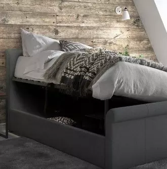 Wilson grey ottoman bed frame in a bedroom setting.